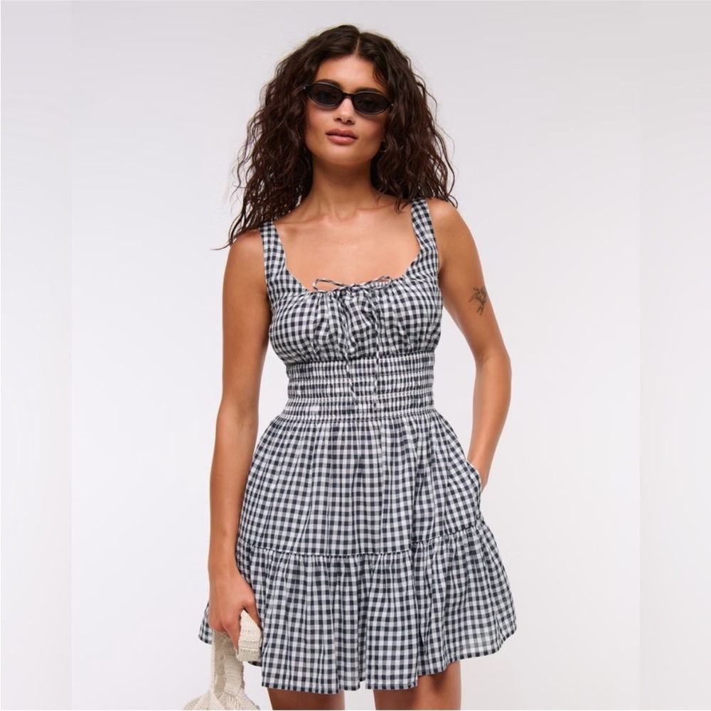 Abercrombie & Fitch Black and White Gingham Smocked Mini Dress